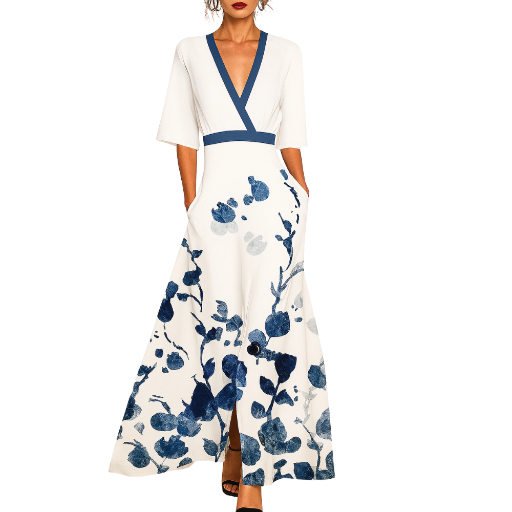 Elira – V-Neck Maxi Dress with Flowing Skirt and Botanical Print