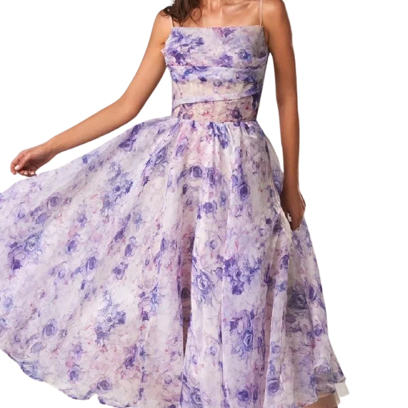 Marcia – Floral Midi Dress with Spaghetti Straps and Ruched Bodice