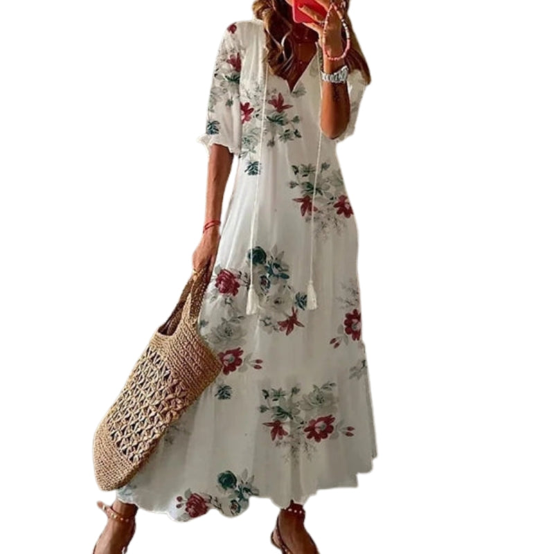 Elora – Short Sleeve Printed dress with V-Neck