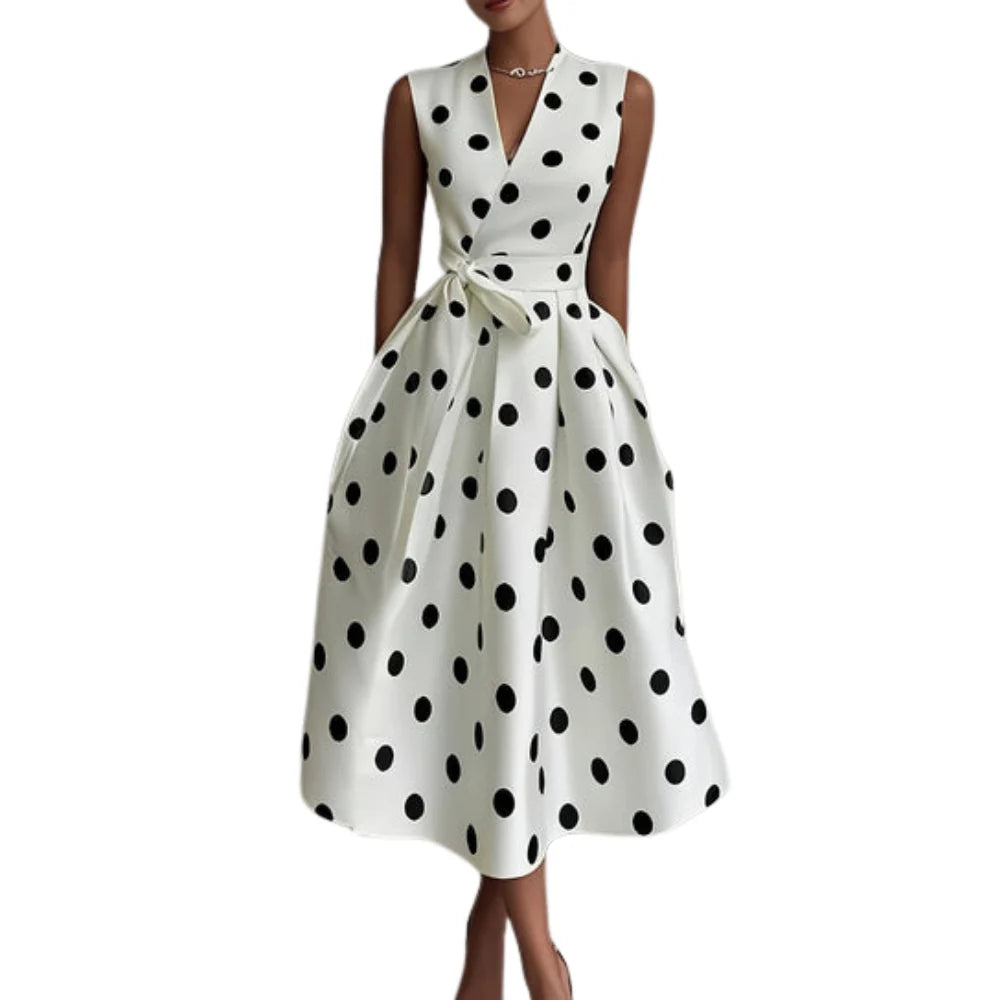 Frieda – Sleeveless Polka Dot Midi Dress with V-Neck and Pockets