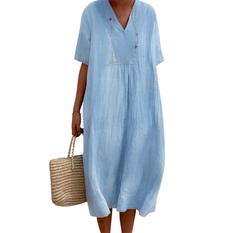 Ayla – V-Neck Midi Dress with Half Sleeves and Relaxed Fit