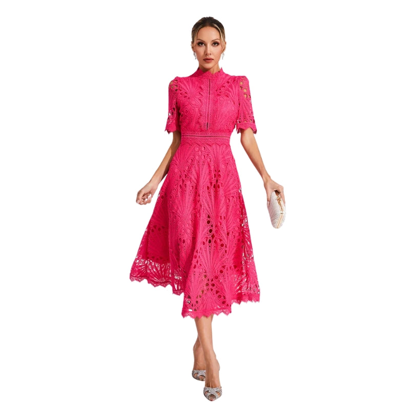 Lexi – Lace Midi Dress with High Neckline and Flared Skirt
