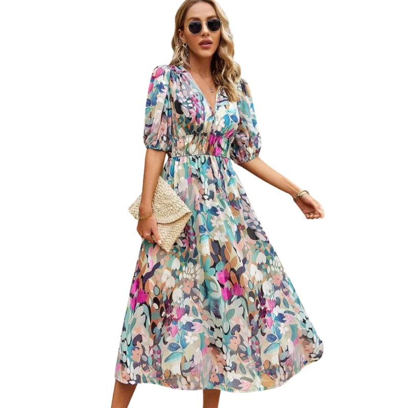 Roxanne – Puff Sleeve Midi Dress with V-Neck and Gathered Waist