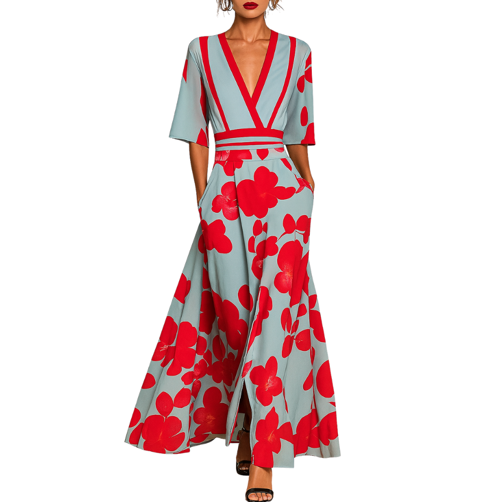 Elira – V-Neck Maxi Dress with Flowing Skirt and Botanical Print