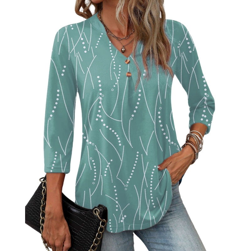 Marena – Patterned V-Neck Blouse with 3/4 Sleeves