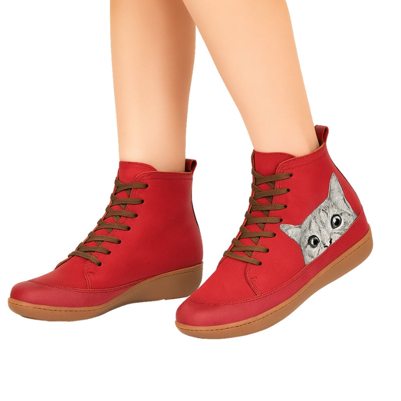 Angelika – Round Toe Ankle Boots with Cat Motif