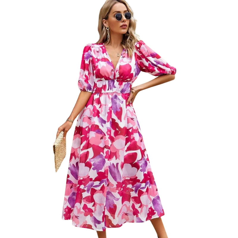Roxanne – Puff Sleeve Midi Dress with V-Neck and Gathered Waist