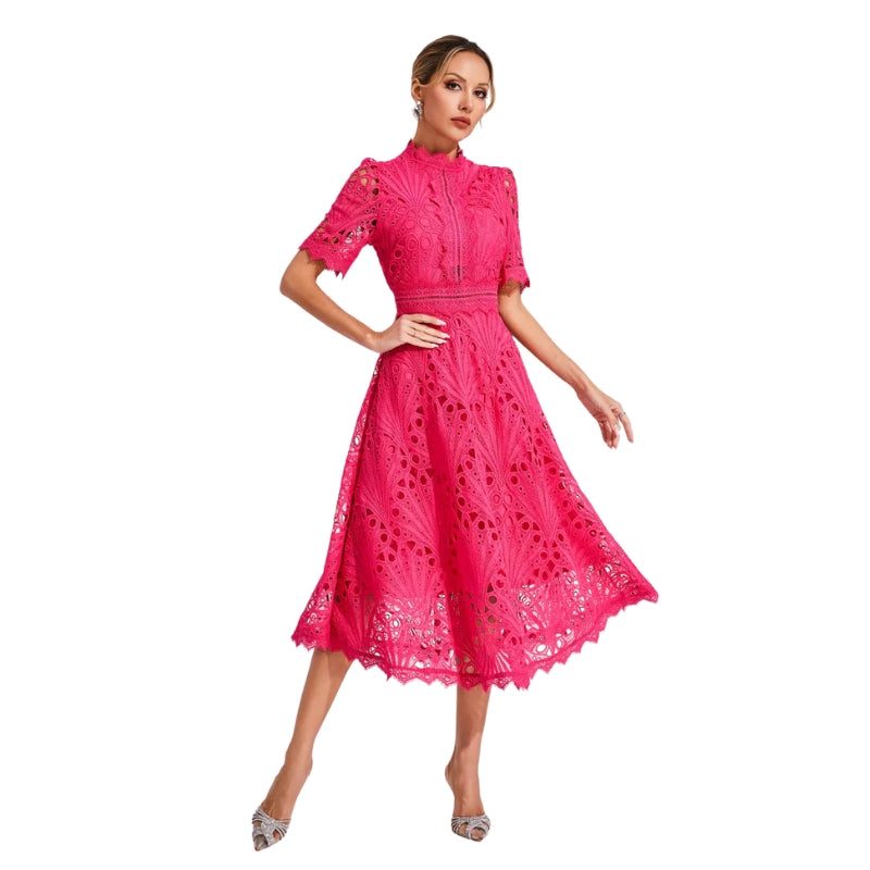 Lexi – Lace Midi Dress with High Neckline and Flared Skirt