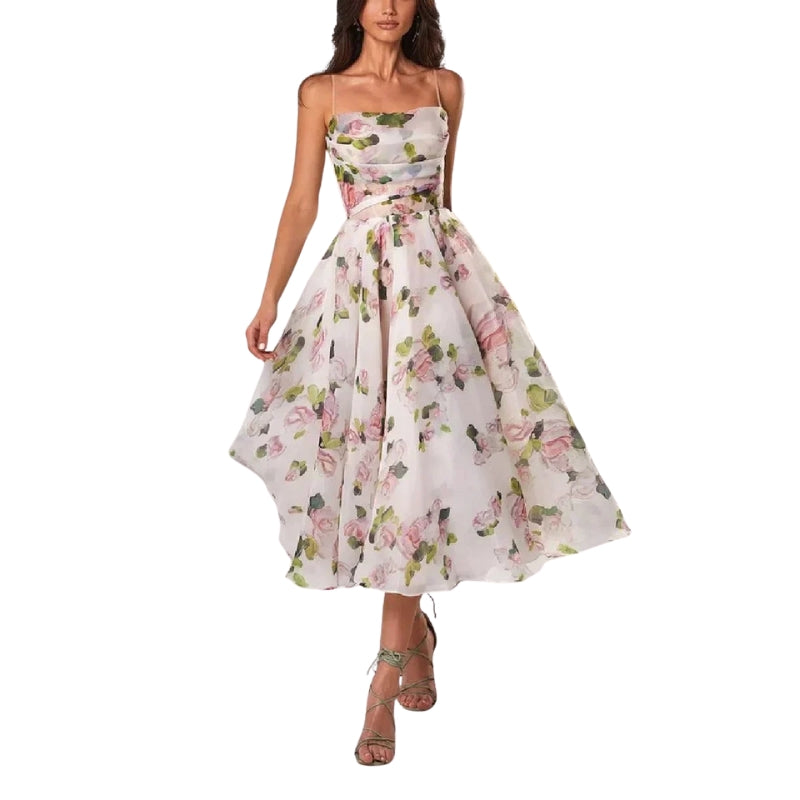 Marcia – Floral Midi Dress with Spaghetti Straps and Ruched Bodice