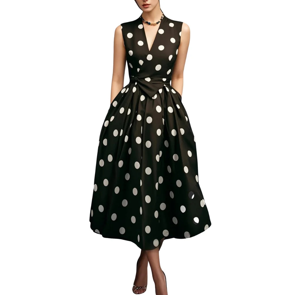 Frieda – Sleeveless Polka Dot Midi Dress with V-Neck and Pockets