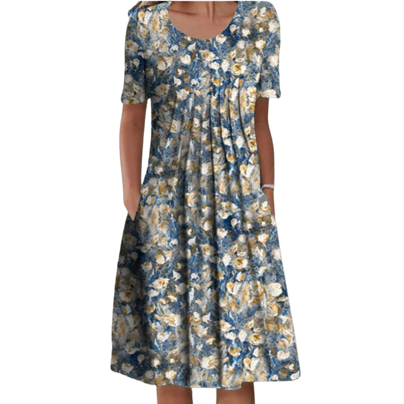 Isla – Floral Dress with Short Sleeves and Round Neck