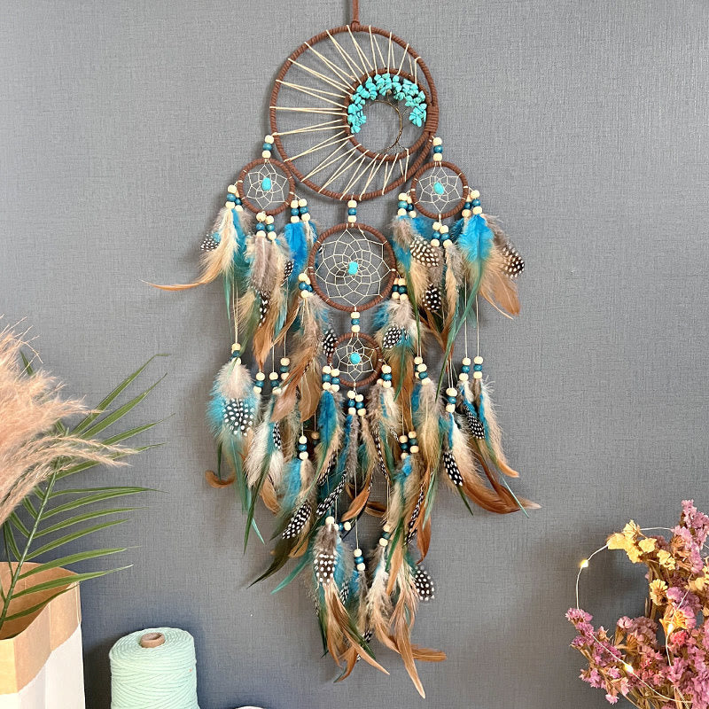 AuraNest – Turquoise Tree of Life Dream Catcher with Feather Accents