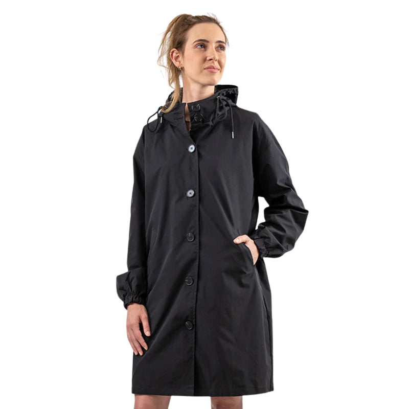 Aria – Hooded Long Jacket with Button Closure and Functional Pockets