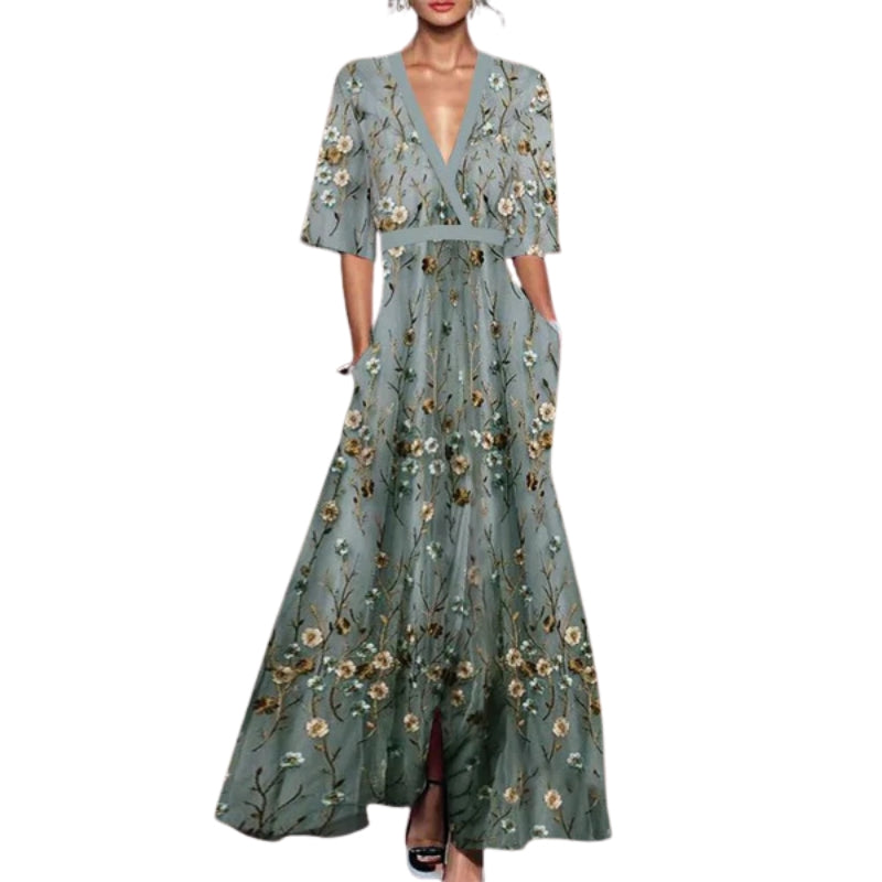 Mia – Relaxed Short Sleeve Maxi Dress with Flowing Silhouette and Floral Print