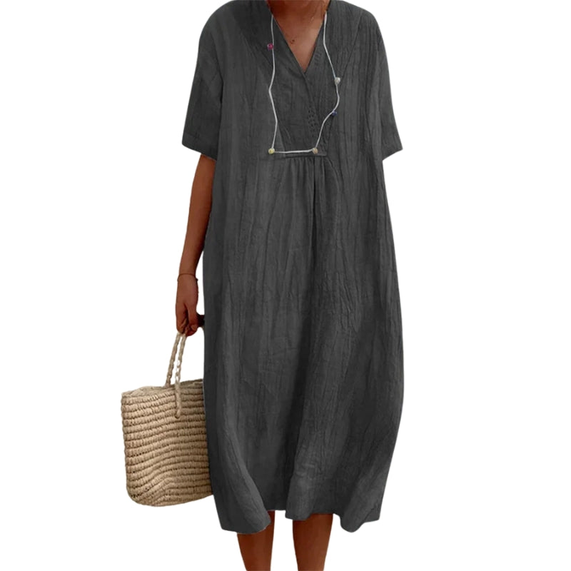Ayla – V-Neck Midi Dress with Half Sleeves and Relaxed Fit