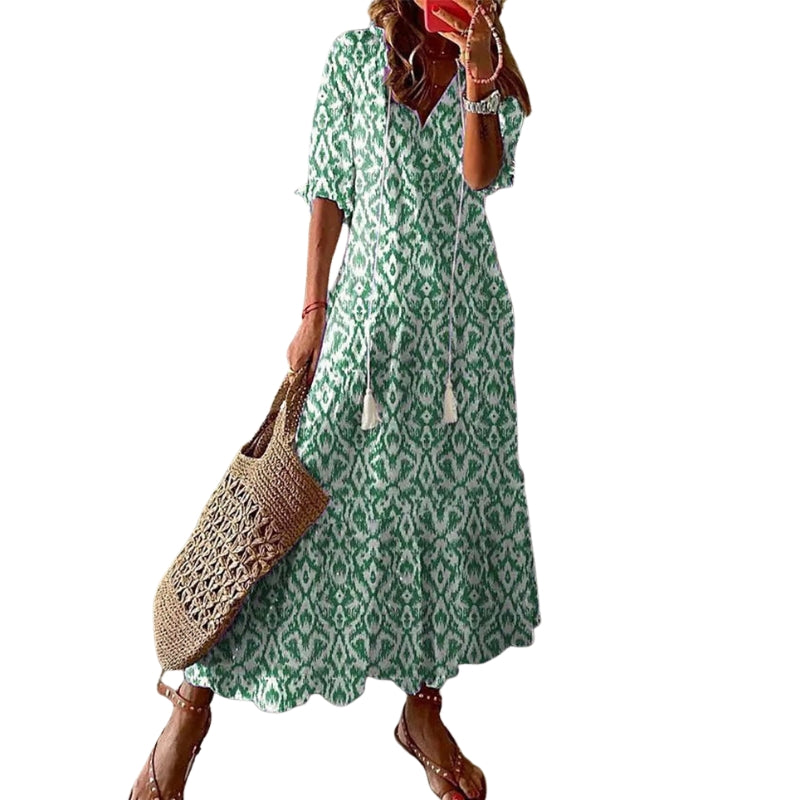 Elora – Short Sleeve Printed dress with V-Neck