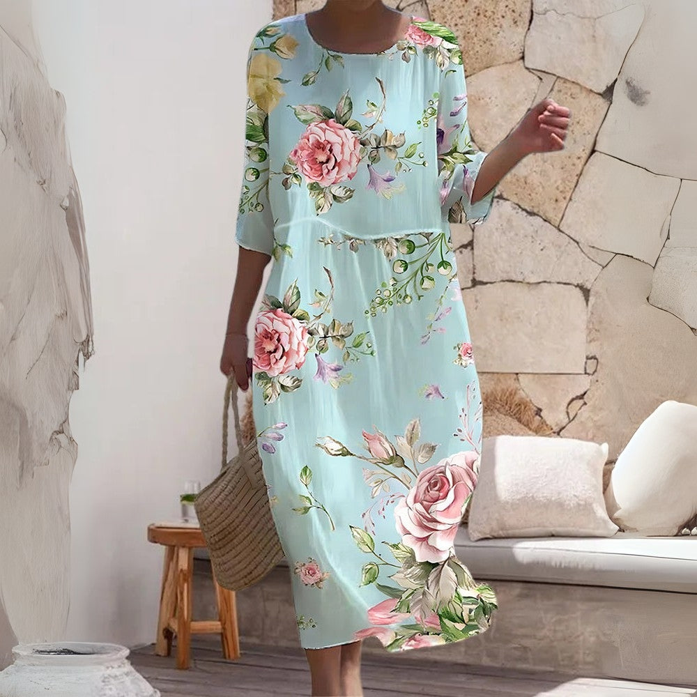 Bertha – Printed Dress with Round Neck and Short Sleeves