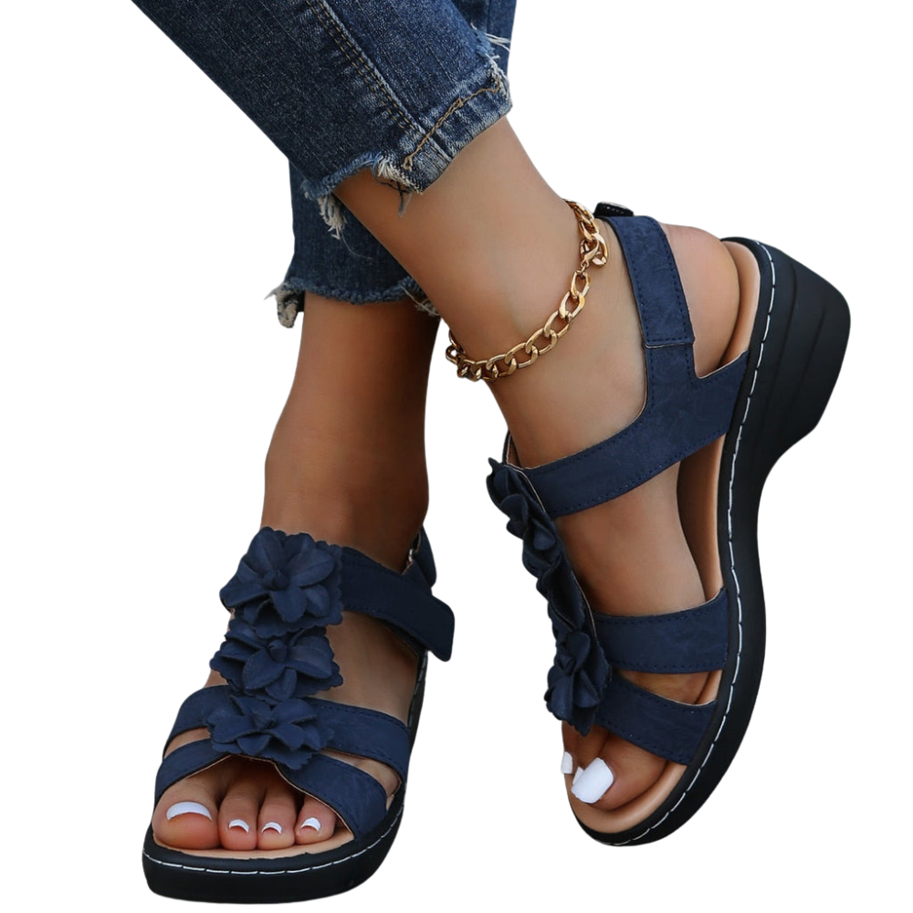 Luisa – Open Toe Wedge Sandals with Floral Buckle