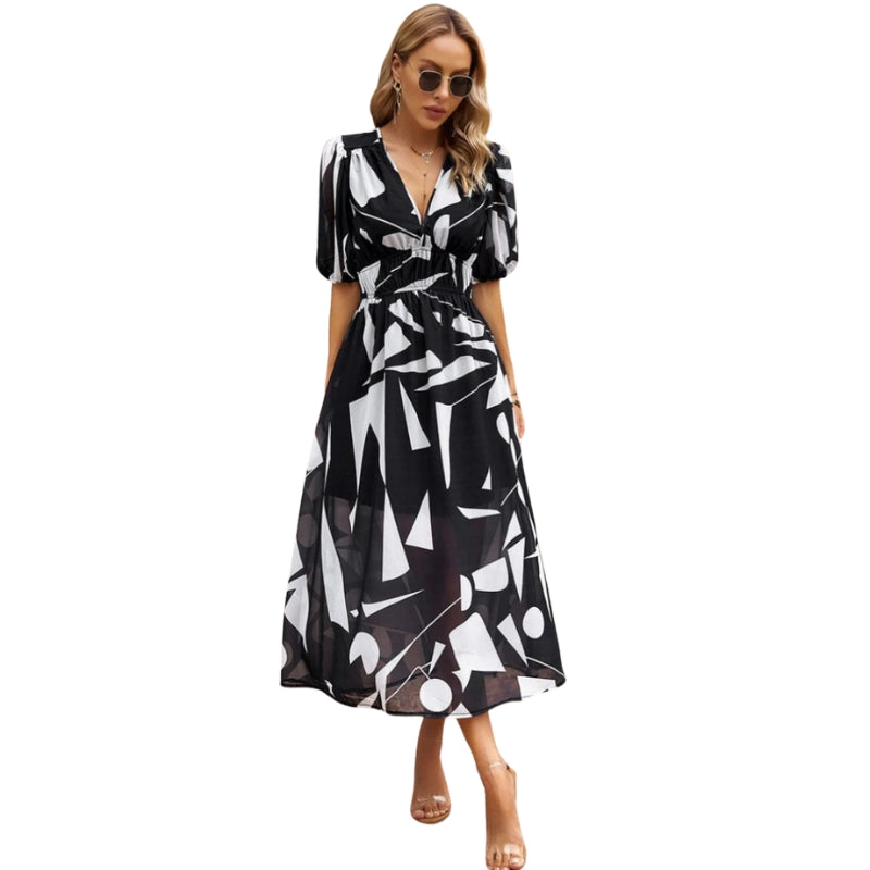 Roxanne – Puff Sleeve Midi Dress with V-Neck and Gathered Waist
