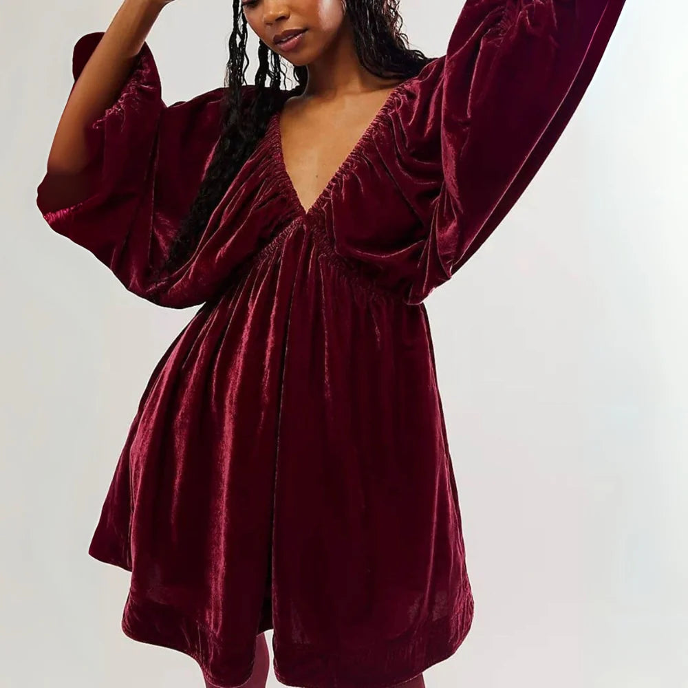 Rosalie – V-Neck Long Sleeve Mini Dress with Side Pockets