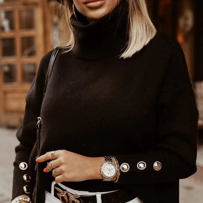 Liora – Knitted Roll Neck Sweater With Button Cuffs