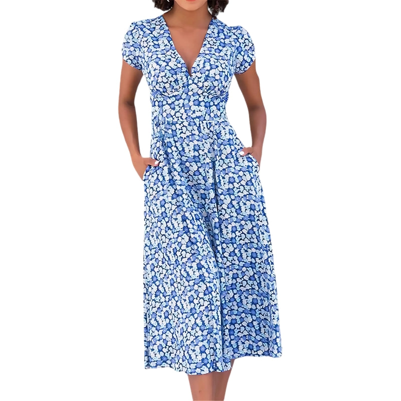 Joan – Floral Midi Dress with V-Neck and Cap Sleeves
