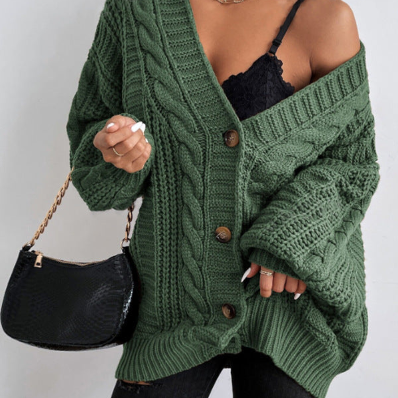Anna – Cable Knit Cardigan With Button Front and Ribbed Trim