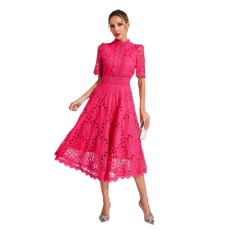 Lexi – Lace Midi Dress with High Neckline and Flared Skirt