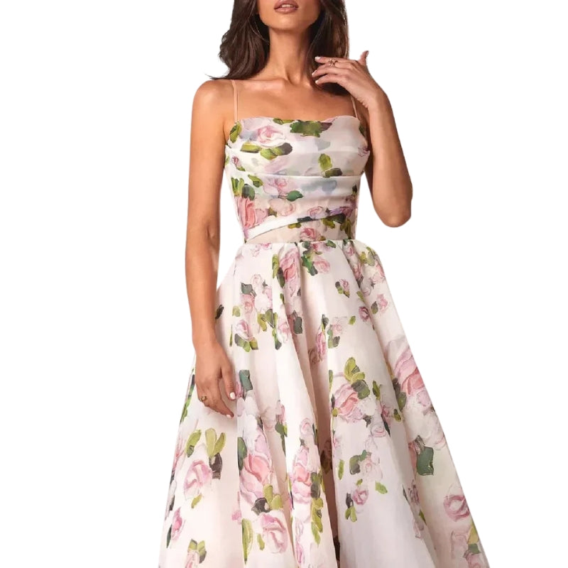 Marcia – Floral Midi Dress with Spaghetti Straps and Ruched Bodice