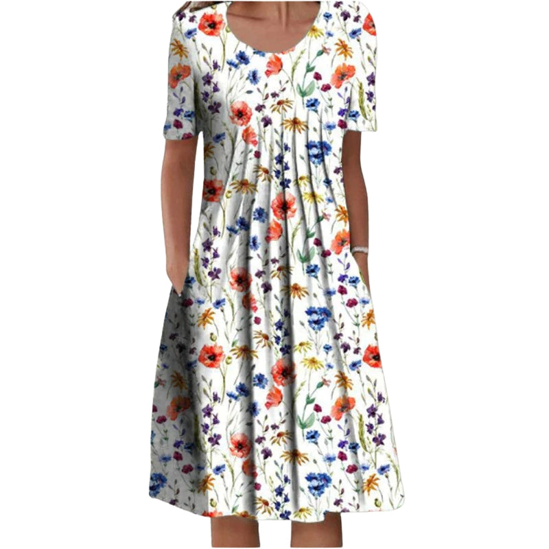 Isla – Floral Dress with Short Sleeves and Round Neck