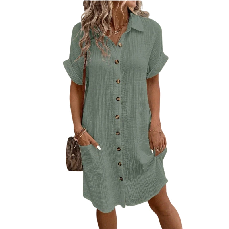 Liora – Button-Down Short Sleeve Shirt Dress with Pockets