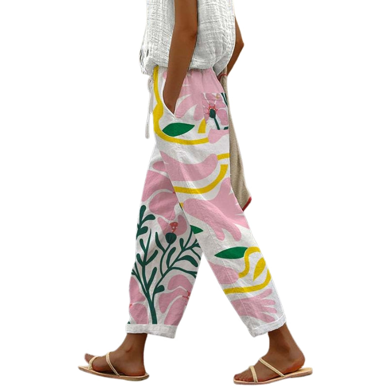 Emma – Loose Fit Floral Print Trousers with Rolled Legs and Drawstring Waist