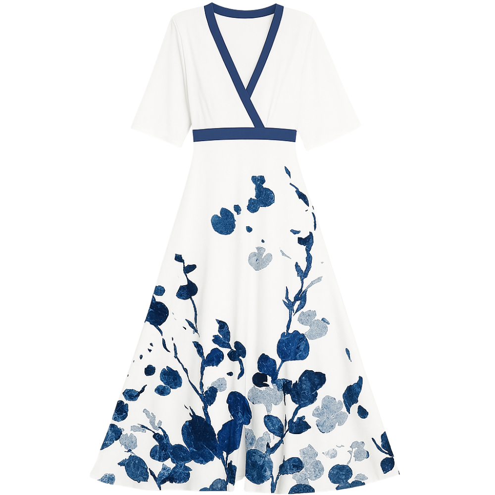 Elira – V-Neck Maxi Dress with Flowing Skirt and Botanical Print