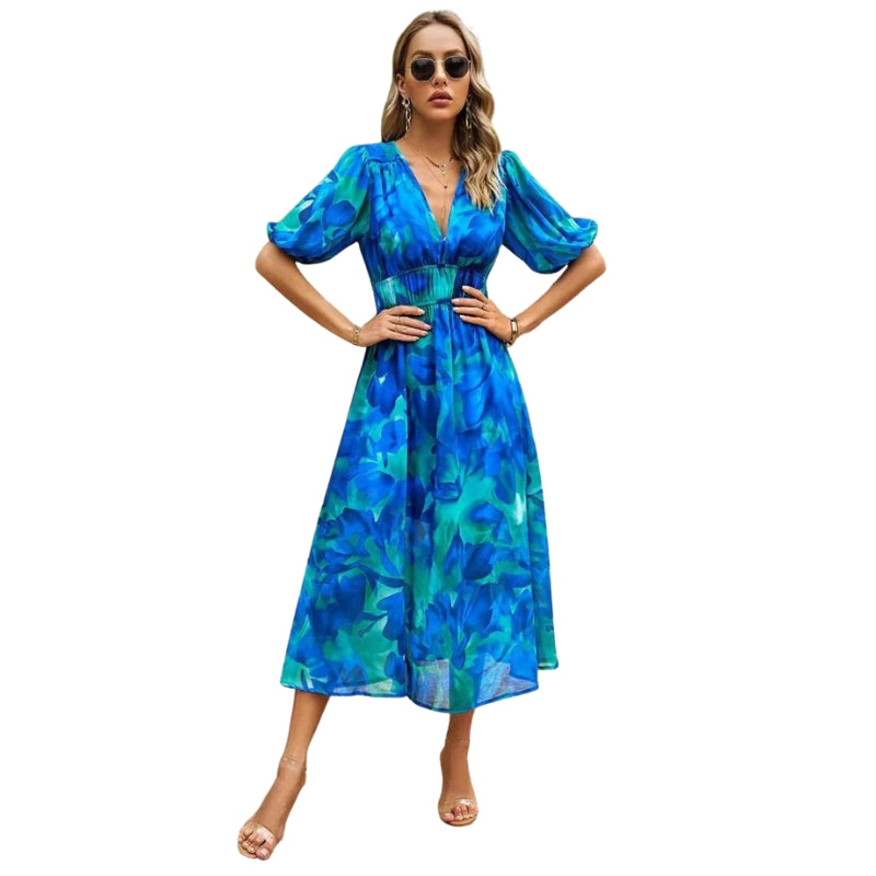 Roxanne – Puff Sleeve Midi Dress with V-Neck and Gathered Waist