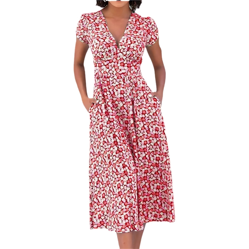 Joan – Floral Midi Dress with V-Neck and Cap Sleeves