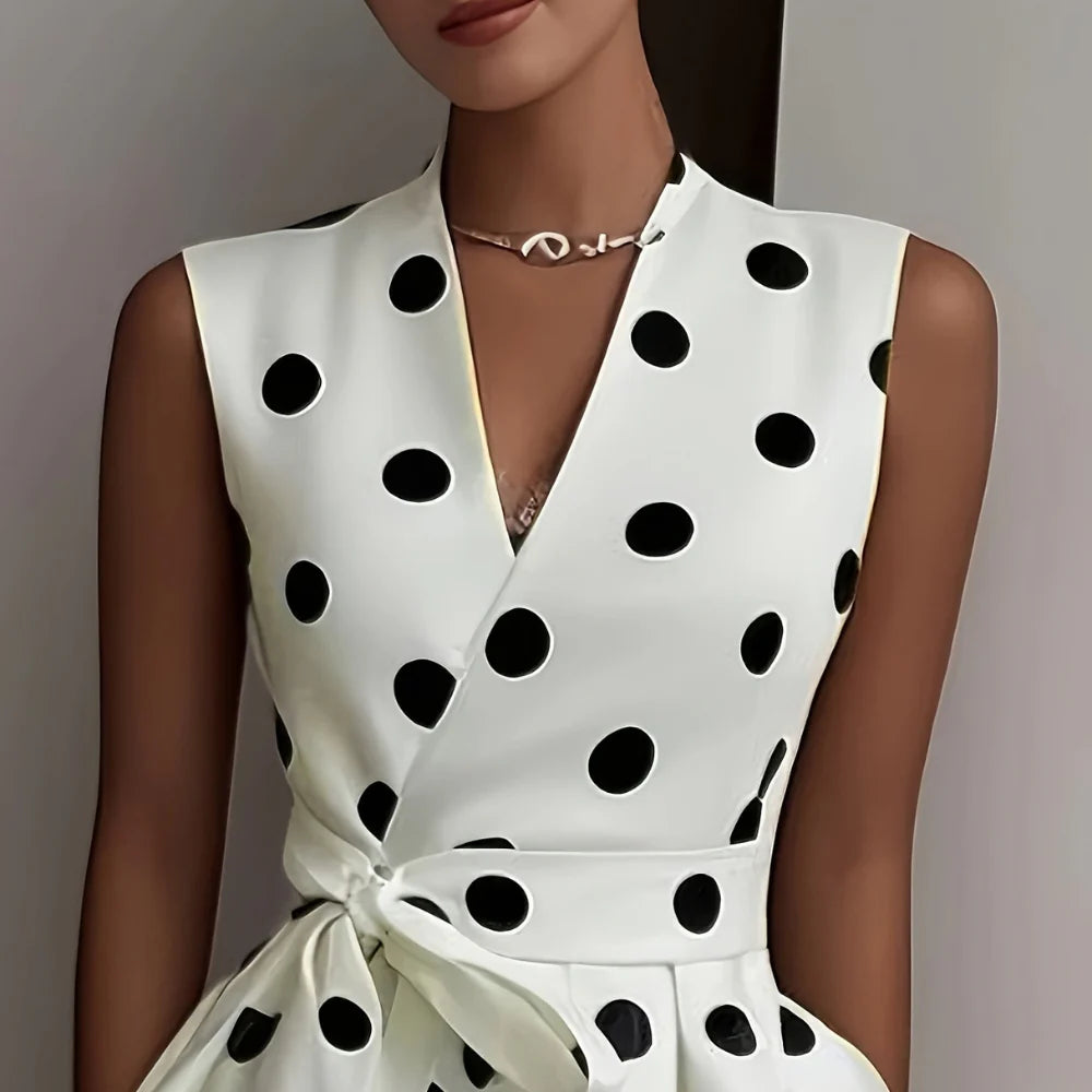 Frieda – Sleeveless Polka Dot Midi Dress with V-Neck and Pockets