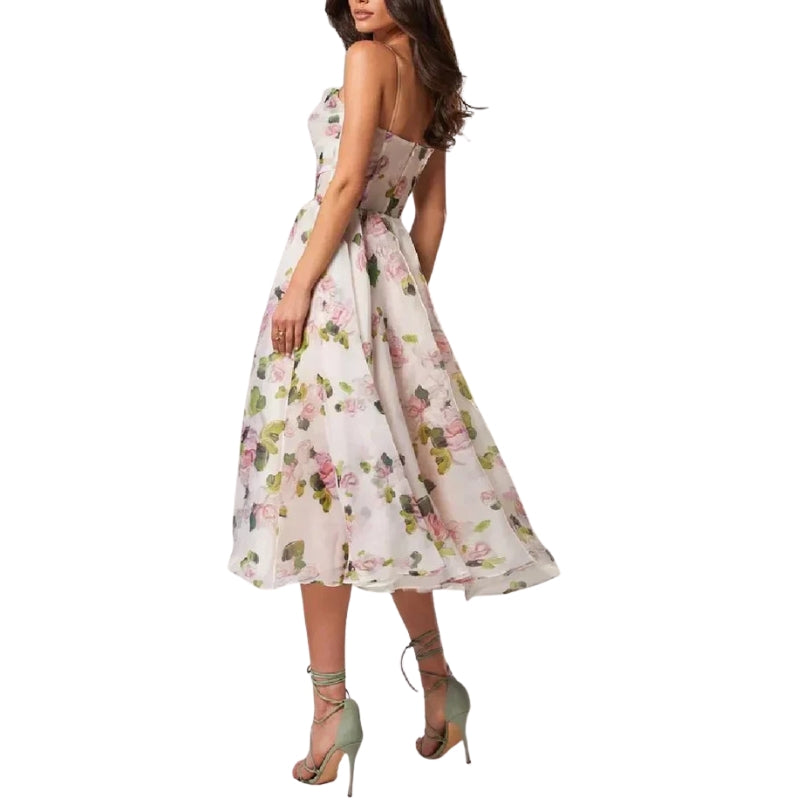 Marcia – Floral Midi Dress with Spaghetti Straps and Ruched Bodice