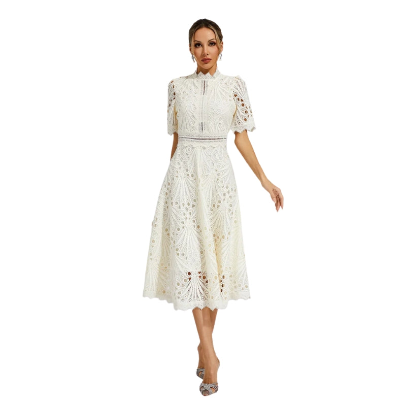 Lexi – Lace Midi Dress with High Neckline and Flared Skirt