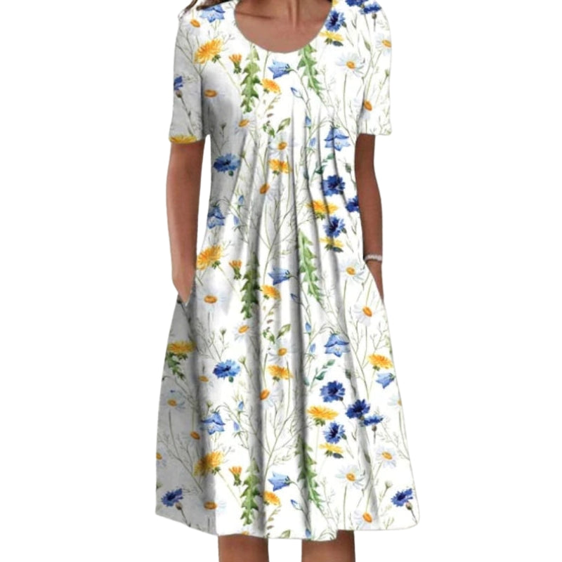 Isla – Floral Dress with Short Sleeves and Round Neck