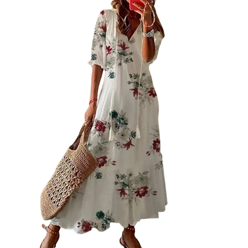 Isabelle – Casual Floral Print Dress with V-Neck and Short Sleeves