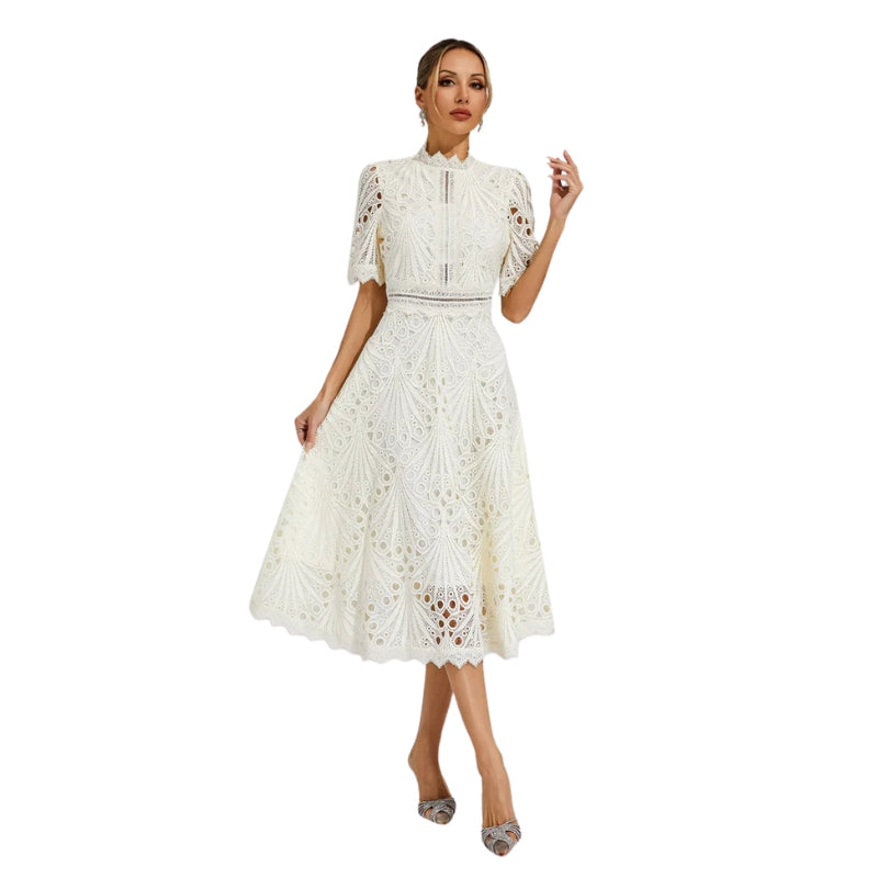 Lexi – Lace Midi Dress with High Neckline and Flared Skirt