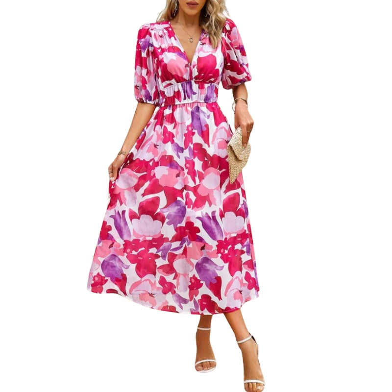 Roxanne – Puff Sleeve Midi Dress with V-Neck and Gathered Waist