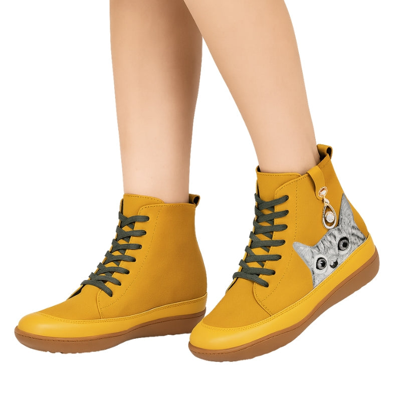 Angelika – Round Toe Ankle Boots with Cat Motif