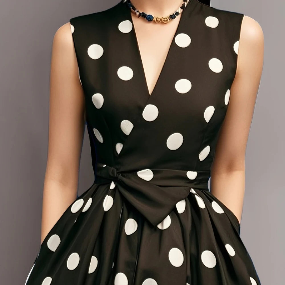 Frieda – Sleeveless Polka Dot Midi Dress with V-Neck and Pockets