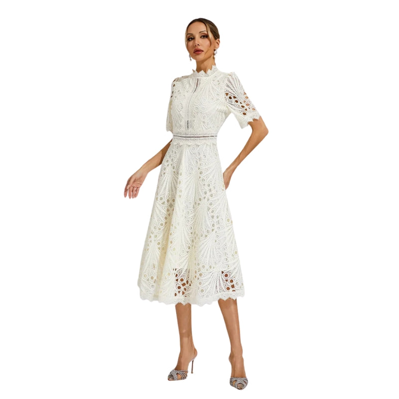 Lexi – Lace Midi Dress with High Neckline and Flared Skirt