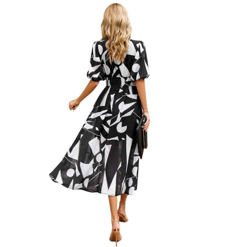 Roxanne – Puff Sleeve Midi Dress with V-Neck and Gathered Waist