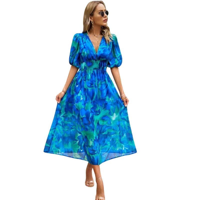 Roxanne – Puff Sleeve Midi Dress with V-Neck and Gathered Waist
