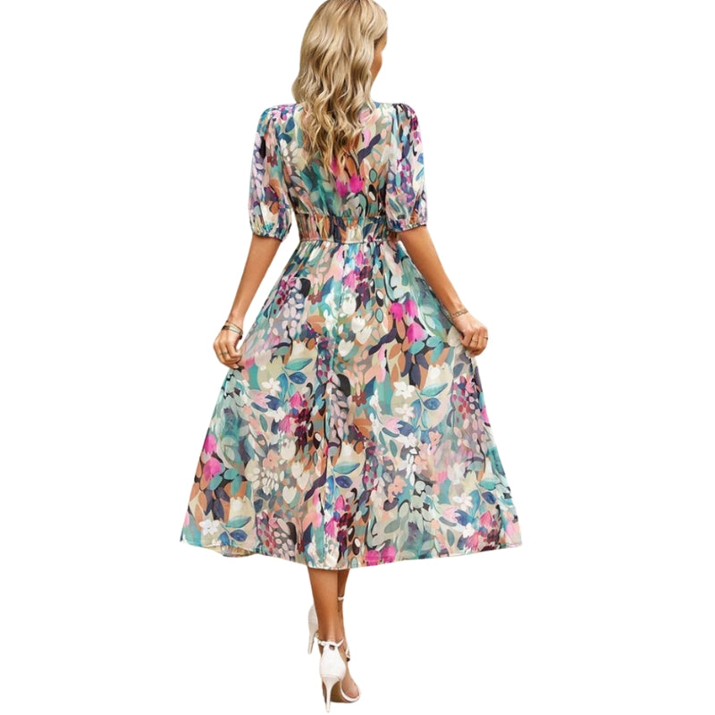 Roxanne – Puff Sleeve Midi Dress with V-Neck and Gathered Waist