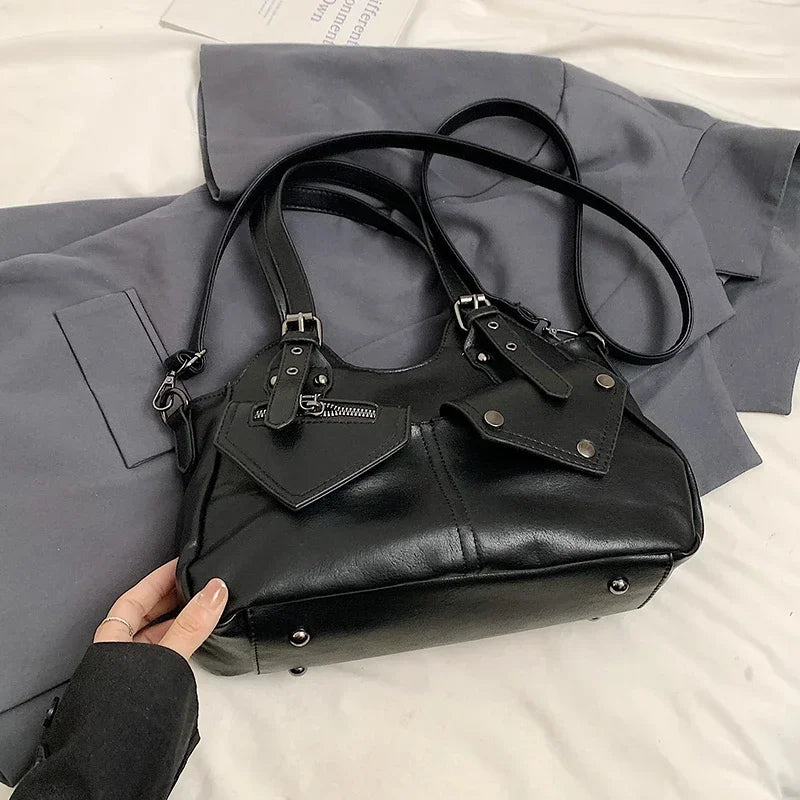 Danira - Synthetic Leather Handbag with Multiple Pockets and Adjustable Strap