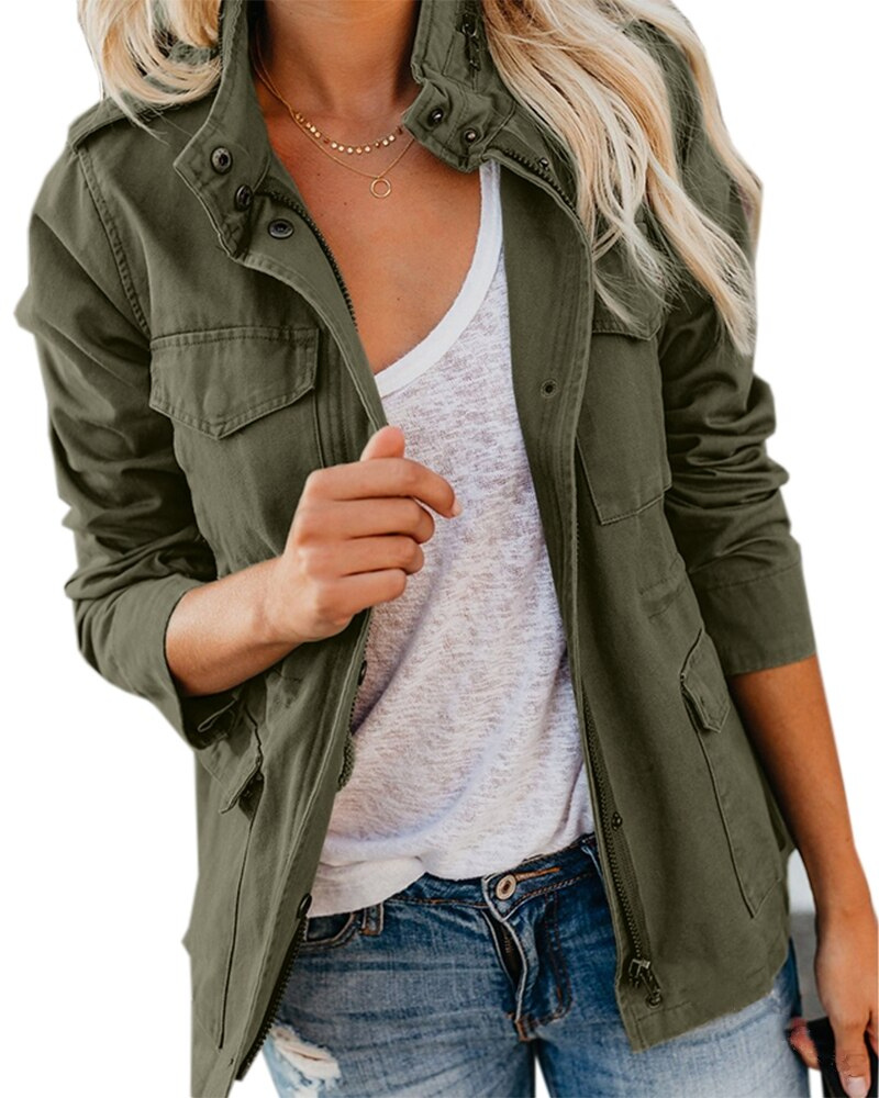 Sophia – Mid-Length Jacket with Zipper Closure and Front Pockets